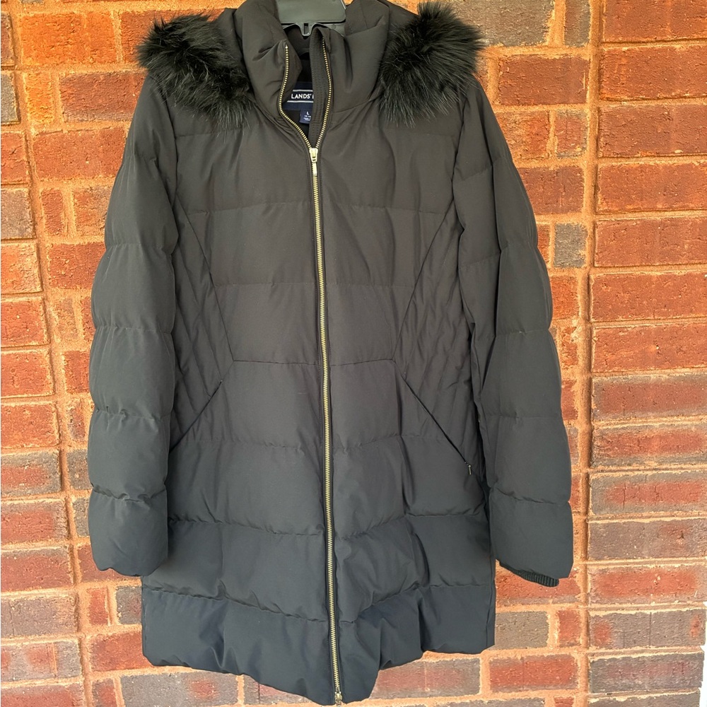 Lands' End Women's Black Puffer Parka with Faux Fur Trim